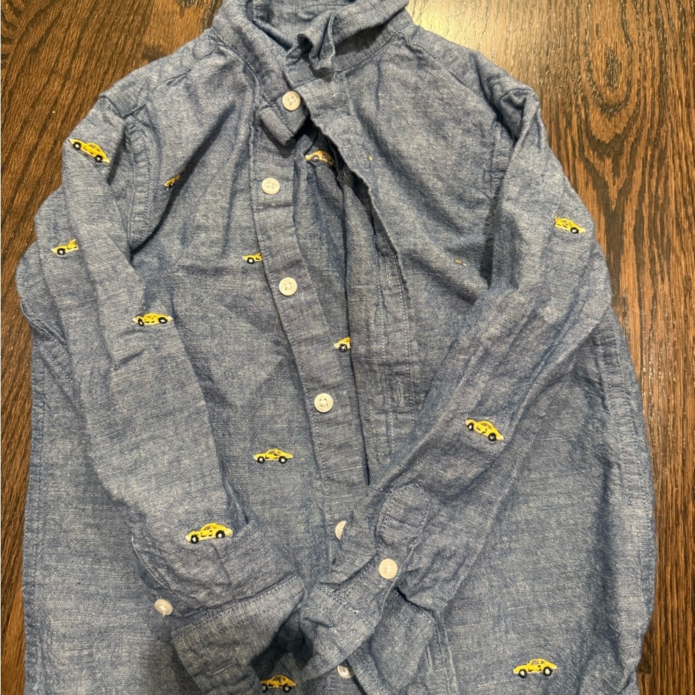 Janie and Jack Blue Shirt with Yellow Car Embroidery